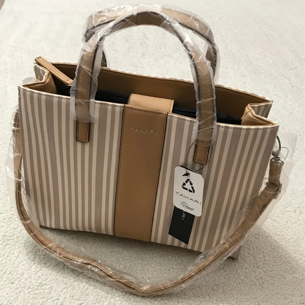 Tahari $149 MSRP Striped Satchel Bag + Dustbag Vegan Leather Cream